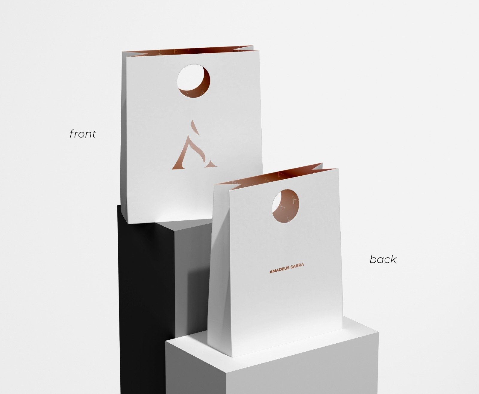 Branded retail shopping bags for Amadeus Sabra.